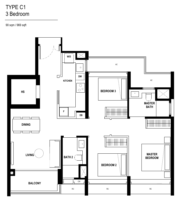 Type C1 · 3-Bedroom Deluxe · 969 sqft