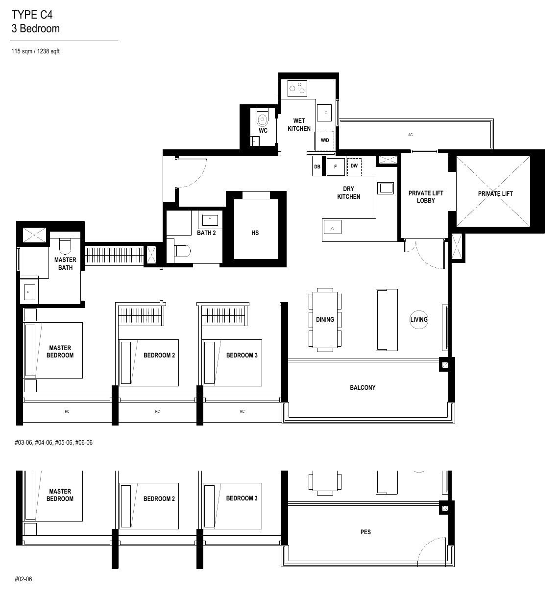 Type C4 · 3-Bedroom Premium (Private Lift) · 1,238 sqft