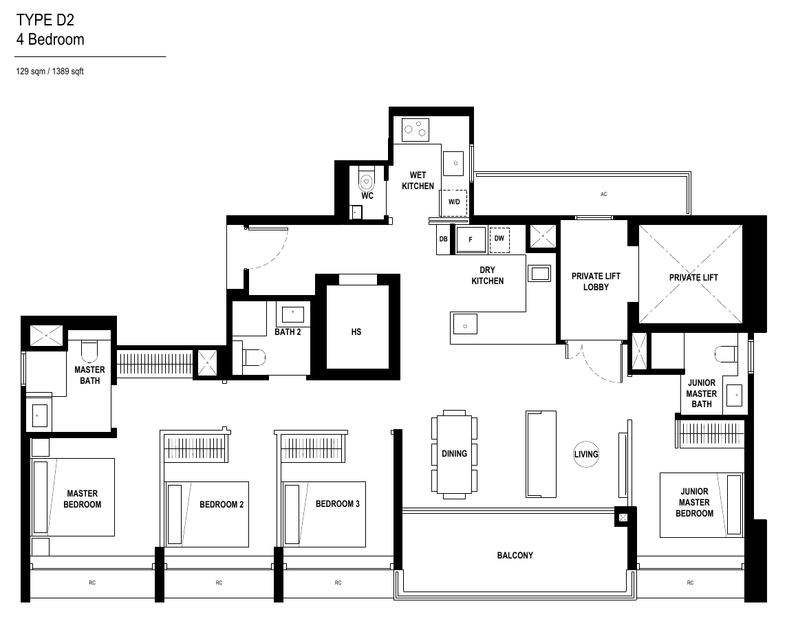 Type D2 · 4-Bedroom Premium (Private Lift) · 1,389 sqft