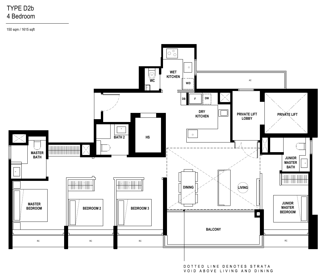 Type D2b · 4-Bedroom Premium (Private Lift) · 1,615 sqft